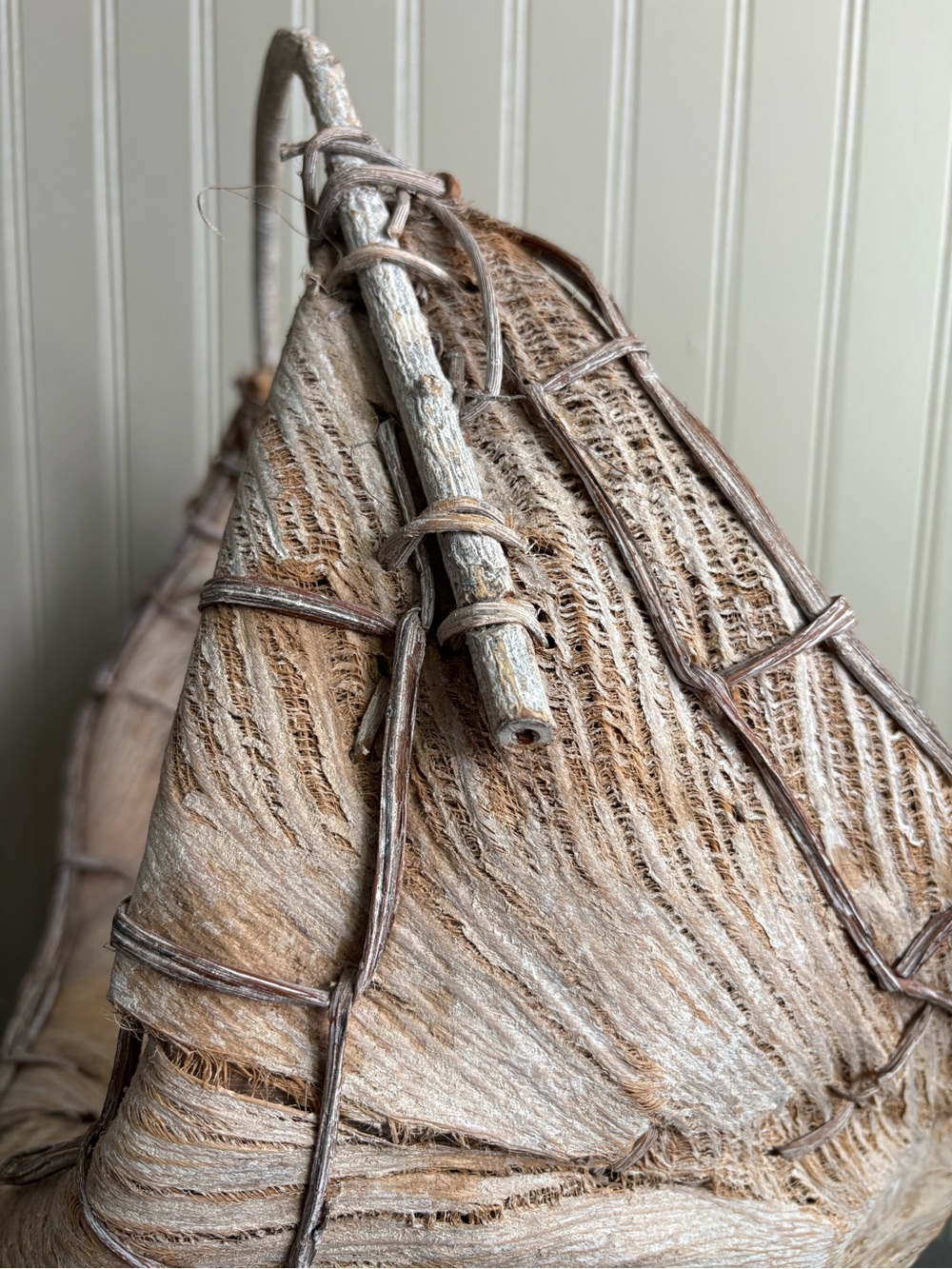 Primitive Palm Husk & Bent Twig Handmade Harvest Basket Rustic Vintage VTG Fiber - Picture 9 of 14